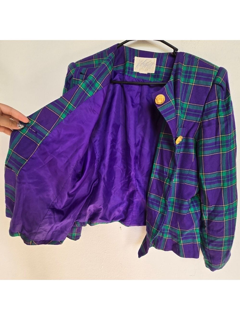 Lord & Taylor Purple Green Plaid Vintage Blazer Chunky Gold Buttons - Picture 13 of 14